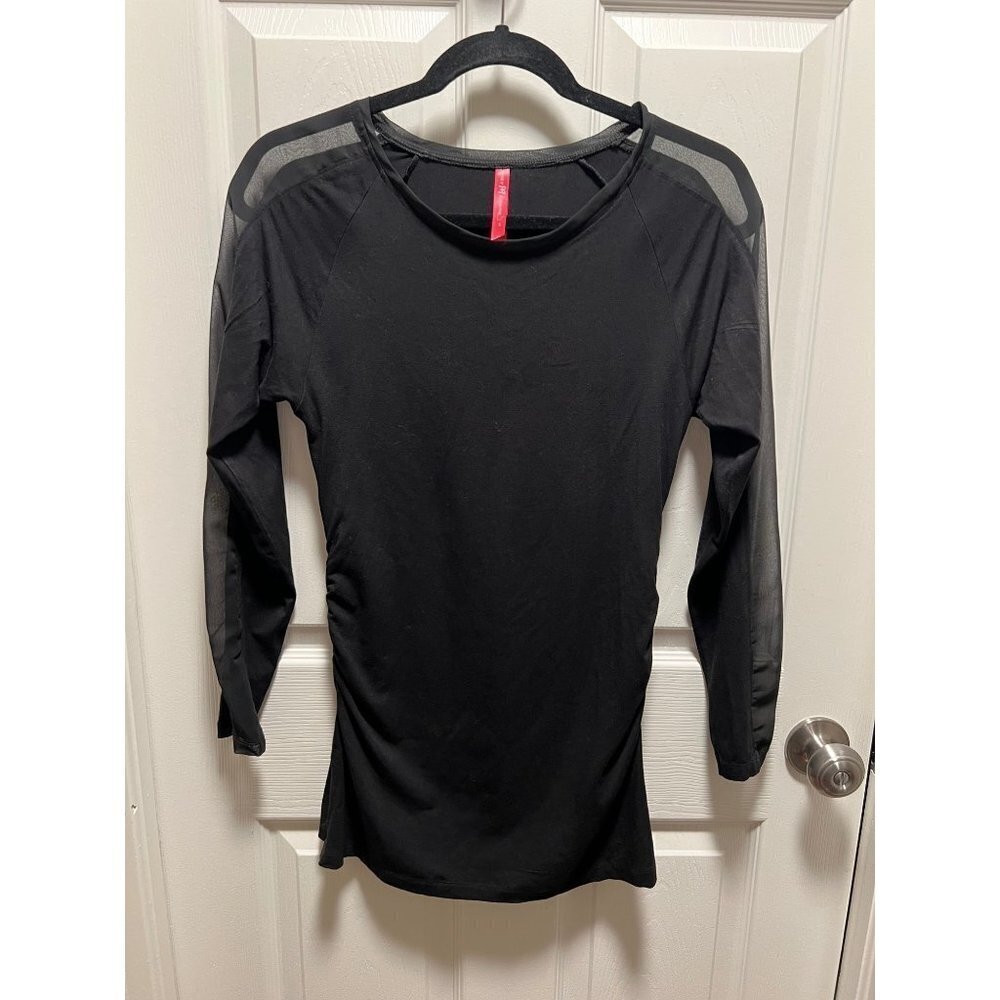 Ruby Ribbon | Black Viscose Stretch Jersey Long Sleeve Ruched Mesh Top Sz S